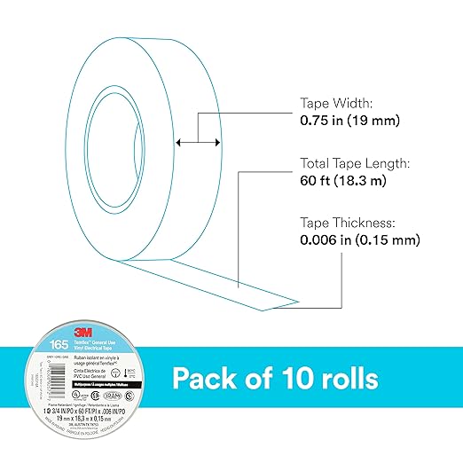 3M Temflex Multi-Purpose Vinyl Electrical Tape 165, Gray, 3/4 in x 60 ft (19 mm x 18 m), 10 Roll Pack