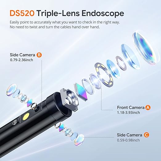 Triple Lens Sewer Inspection Camera with 50FT Semi-Rigid Cable, DEPSTECH 5"IPS Screen Endoscope Camera with Lights, 1080P Industrial Borescope, Split Screen, Waterproof Drain Pipe Tool, Carrying Case