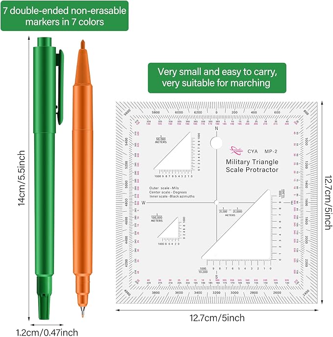 Oudain Military UTM/MGRS Coordinate Scale 7 Assorted Colors Military Map Markers Fine Point Pens Land Navigation Protractor and Map Reading and Grid Coordinate Reader Pairs with Compass