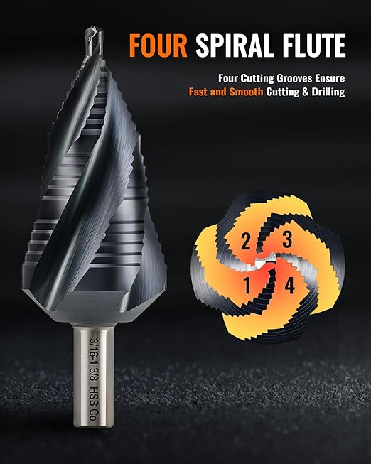ZELCAN 19 Sizes M35 Cobalt Step Drill Bit, 3/16" to 1-3/8" Four Spiral Flute Drill Bit for Metal, Titanium-Coated HSS Step Bit with 2/5" Tri-Flat Shank for Stainless Steel Aluminum Copper Wood Plastic