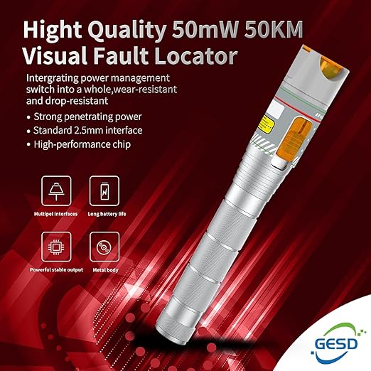 Visual Fault Locator 50KM, VFL Fiber Optic Light Source Tester, Red Light Pen Equipment for 2.5mm Universal Connector, FC/SC/ST/LC Adapter for CATV Telecommunications, Fiber Network Cable Test