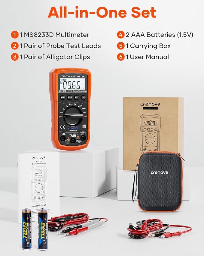 Crenova MS8233D Multimeter 6000 Counts Digital Multimeter DC AC Volt Meter Ohm Volt Amp Tester Measures Voltage Current Resistance Capacitance Continuity Diode Duty-Cycle Frequency NCV Live Wire Test