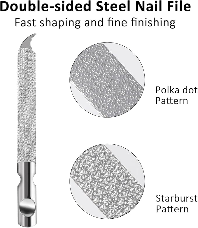 Metal Nail Files for Natural Nails, Mabor Stainless Steel Fingernail File with Pointed Tip Professional Double Sided Curved Nail Filer for Nails Travel Nail File with PU Leather Case