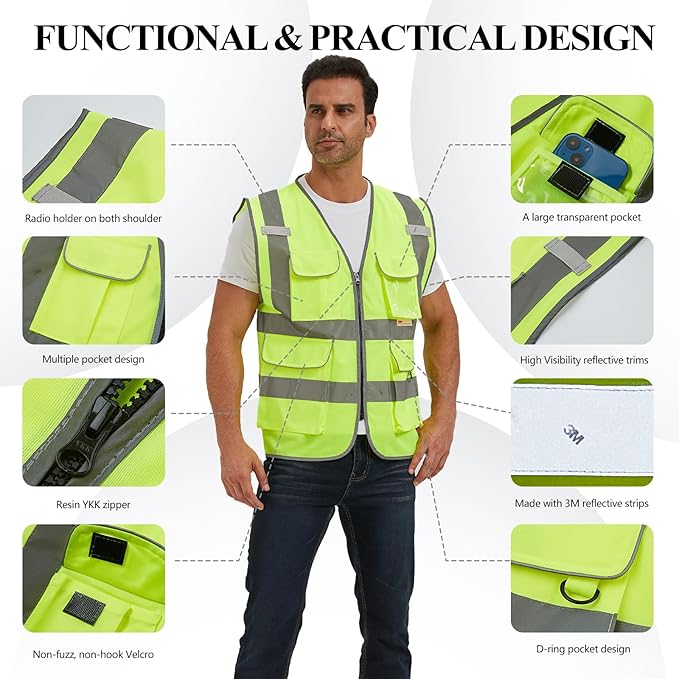 SIFE Reflective Safety Vest High Visibility Vest With 7 Pockets And YKK Zipper, ANSI/ISEA Class 2 Standard, Made With 3M Reflective Tape(03YG-Yellow,2XL)