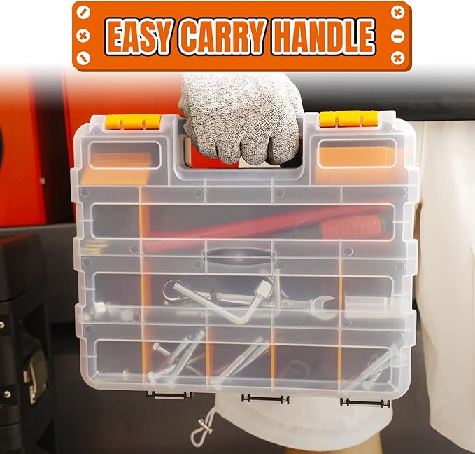 Tool Box with Transparent Lid, Double Side 34-Compartments Organizer Box with Removable Dividers for Hardware, Screws, Bolts, Nails, Beads, Jewelry and Fishing Accessories, Orange, 1 Pack