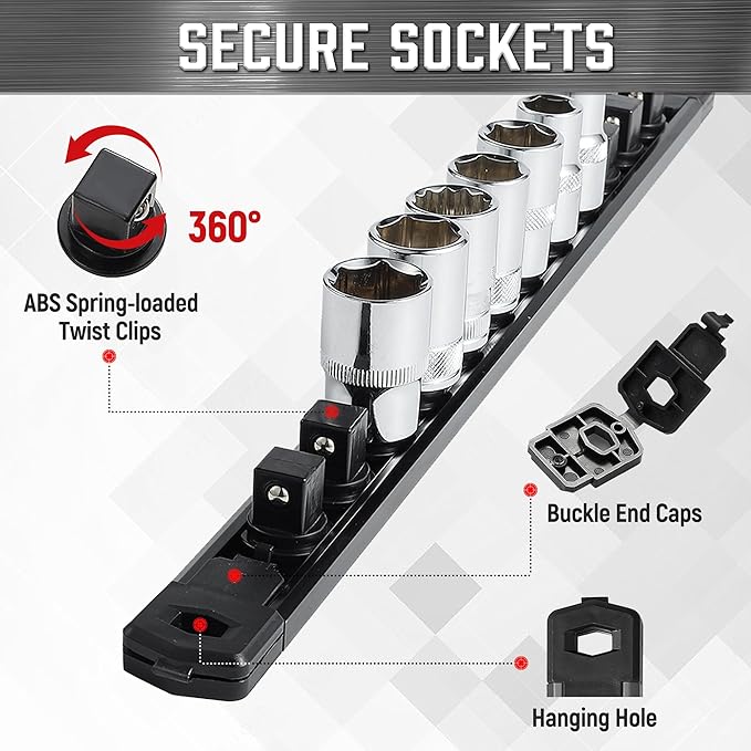 ALOANES 6-Piece Magnetic Socket Organizer, Heavy Duty Aluminum Socket Rails Organizer, 360° Swivel Clips Socket Holder Kit for Tool Box, 1/2, 3/8, 1/4-Inch Socket Holder x 80 Clips (Black)
