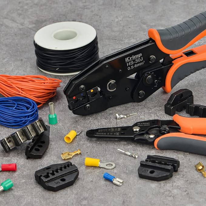 iCrimp Ratchet Wire Crimping Tool Set w/ 5 Interchangeable Jaws for Insulated and Non-Insulated Terminals AWG20-2, Wire Stripper included