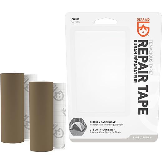 GEAR AID Tenacious Tape 3”x20” Fabric and Vinyl Gear Repair Tape, Quickly Fix Holes and Rips in Puffy Jackets, Rain and Snow Gear, Tents, Sleeping Bag and More, Coyote, 2 Pack