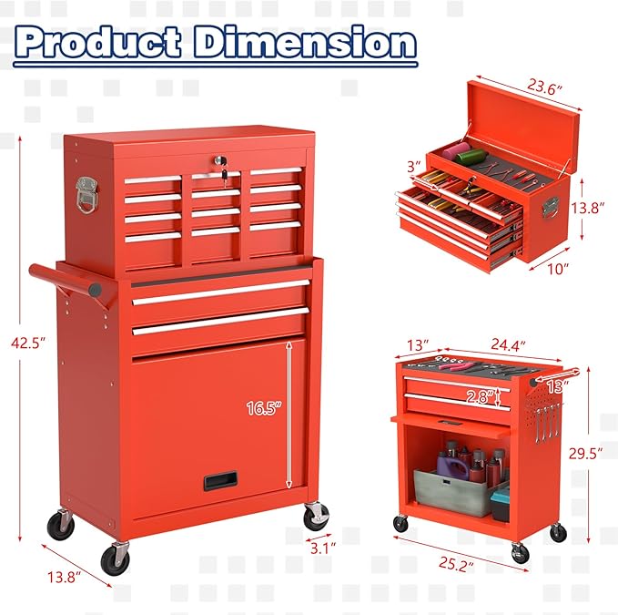 Rolling Tool Box with Wheels, 8-Drawer High Capacity Tool Chest with Wheels, Removable Storage Toolbox with Lock for Garage, Workshop