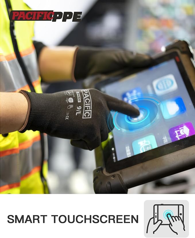 PACIFIC PPE Work Gloves PU Coated-18 Pairs, Touchscreen Working Gloves for Men and Women, Mechanic Gloves, Lightweight, Black, 2X-Large