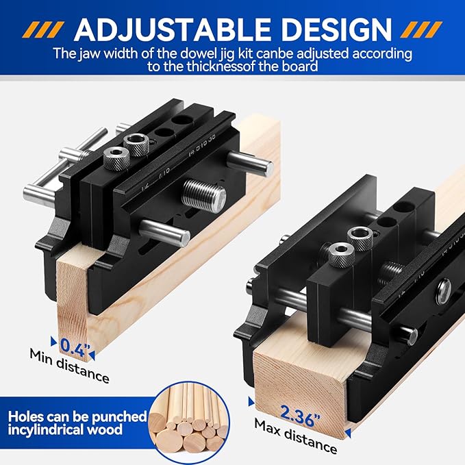 Self Centering Doweling Jig Kit,Adjustable Width Dowel Jig for Straight Holes,Adjustable Drilling Guide Wood Working Tools with 6 Drill Guide Bushings, Wood Doweling Jig for Woodworking（Black)