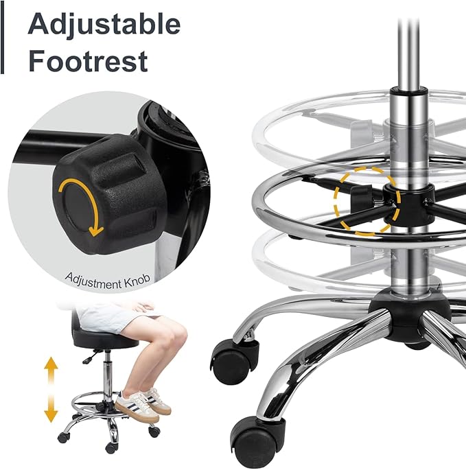 OmySalon Drafting Chair,Ergonomic Office Desk Chair with Back Support,Tall Adjustable Rolling Stool with Footrest & Thick Seat Cushion,Computer Chair for Salon Medical Spa Home Bar Kitchen, White