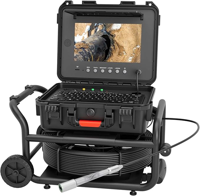 Sanyipace Self-Leveling Sewer Camera 165FT/50M with Wheels and Retractable Handle, Drain Camera with 512Hz Probe, Meter Counter, Video & Audio Record Speaker, Keyboard Input, 5X Zoom, 10" HD Screen