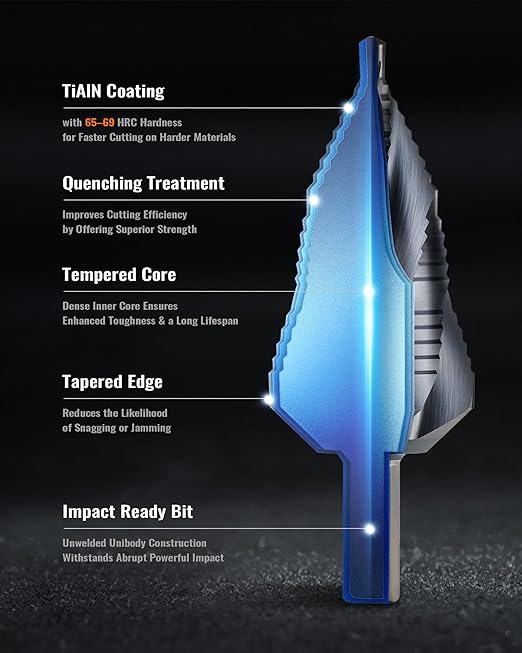 ZELCAN 19 Sizes M35 Cobalt Step Drill Bit, 3/16" to 1-3/8" Four Spiral Flute Drill Bit for Metal, Titanium-Coated HSS Step Bit with 2/5" Tri-Flat Shank for Stainless Steel Aluminum Copper Wood Plastic