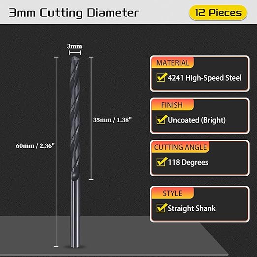 Drill Bit, 3mm Cutting Diameter, 4241 HSS Nitriding Black 118° Cutting Angle Versatile Jobber Bits - (Applications: for Drilling Plastic Wood Soft Metal), 12-Pieces
