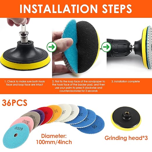 36pcs Diamond Polishing Pads Kit 4 Inch 100mm Round Sanding Discs Wet Dry Grinding Wheels Set Diamond Sandpaper for Diamond Granite Stone Concrete Marble