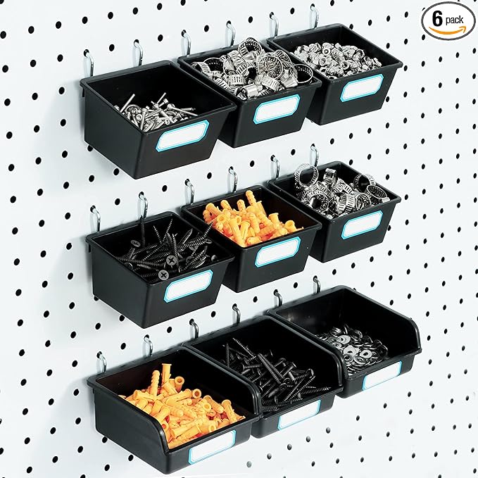 FRIMOONY Pegboard Bins with Hooks and Labels, for Organizing Accessories, 6 Pack Type A and 6 Pack Type B, Black