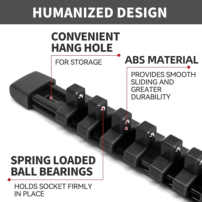 Socket Organizer Drive ABS Tools - Black Socket Holder, Premium Quality 18 Pieces Socket Holders Kit 1/4-Inch x 96 Clips, 3/8-Inch x 90 Clips, 1/2-Inch x 72 Clips（18PC,Black)