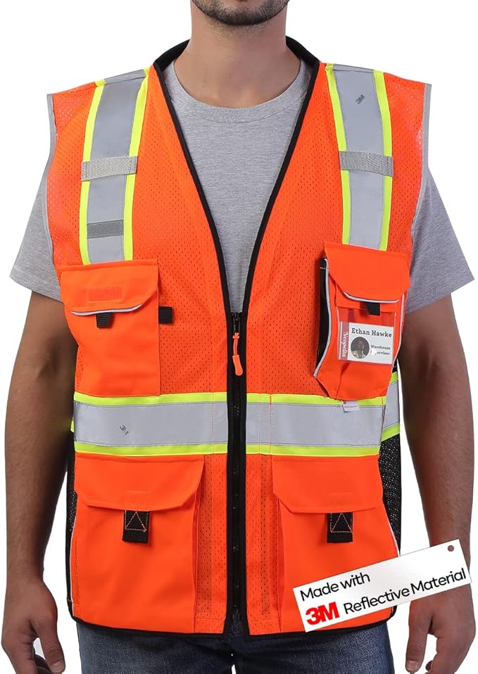 Neopelta Reflective Safety Vest Orange Mesh, Made with 3M Reflective Tape, Heavy Duty Vest with ID pocket, Padded Neck, Orange 3XL