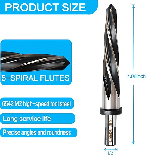 DKIBBITH 13/16" Bridge Construction Reamer Drill Bit, M2 HSS Taper Chucking Reamer for Steel Alloy Metal Wood Plastic, 1/2" Non-Slip Shank, 5-Spiral Flutes Car Reamer, to Align or Enlarge Holes, 21mm.