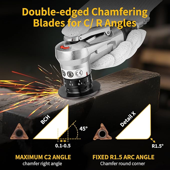 2 in 1 Pneumatic Chamfering Tool- Mini Air Chamfer Tool with Multi-Angle Chamfering Kit,45 Arc Corner Deburring Beveling Chamfer Machine for Metal, Acrylic,Woodworking (Silver)