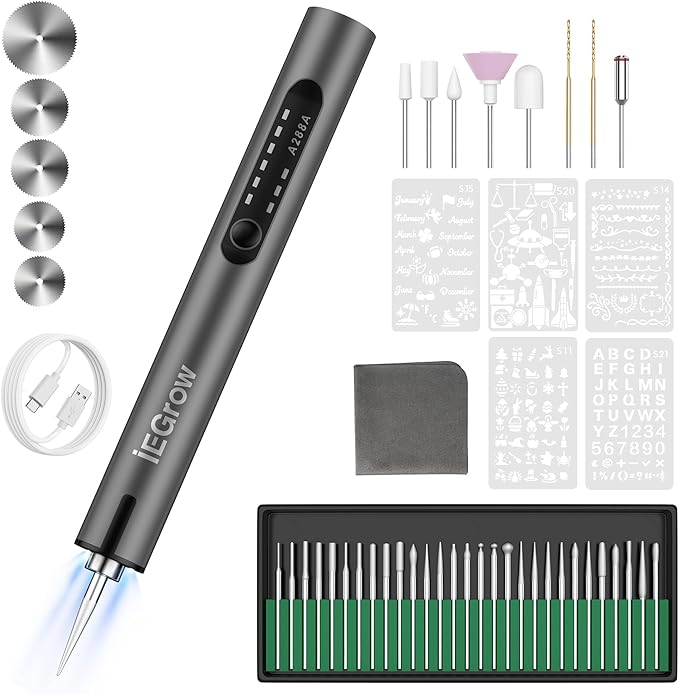 Electric Engraving Pen with Light, Mini DIY Electric Etching Machines with 44 Bits,USB Rechargeable Cordless Rotary Tool,Engraving Pen for Metal, Wood, Glass and Plastic,Dark Grey