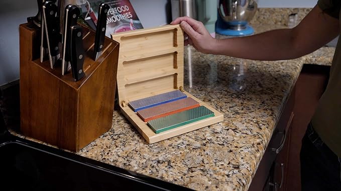 DMT W6EFC Deluxe Diamond Whetstone Knife Sharpening Kit with Wood Box, Set of 3 Sharpening Stones, 6" x 2"