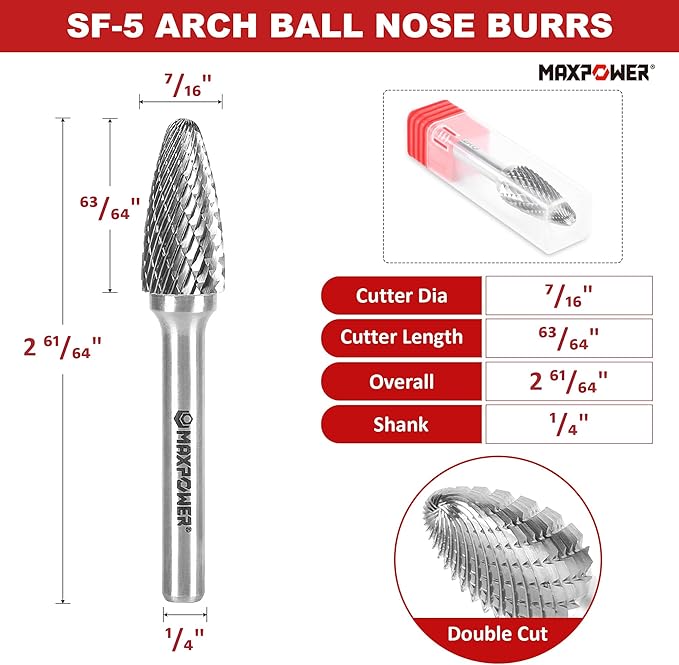 MAXPOWER 1/4" Carbide Burr Set, 3-Piece Rotary Burrs, Double Cutting burrs Rotary File for Metal and Woodworking Drilling, Carving, Polishing, Engraving