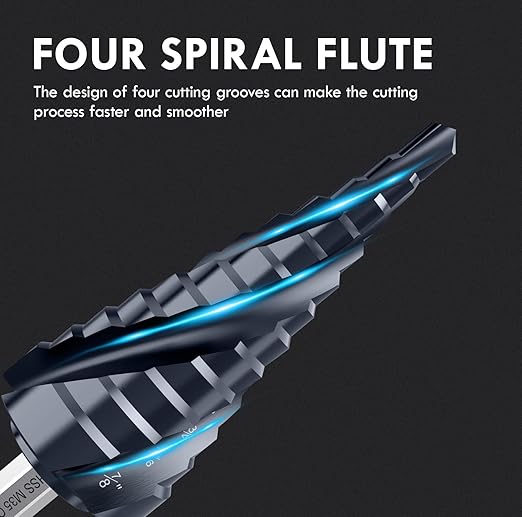 𝗠𝗔𝗖𝗫𝗖𝗢𝗜𝗣 𝗙𝗼𝘂𝗿 𝗦𝗽𝗿𝗶𝗮𝗹 𝗙𝗹𝘂𝘁𝗲 M35 Cobalt Step Drill Bit, 3/16"-7/8" Ultra 𝗧𝗶𝗔𝗜𝗡 Coated, 1/4" Hex Shank Drill Bit for Metal, Stainless Steel, Aluminum, Copper, Wood, PVC