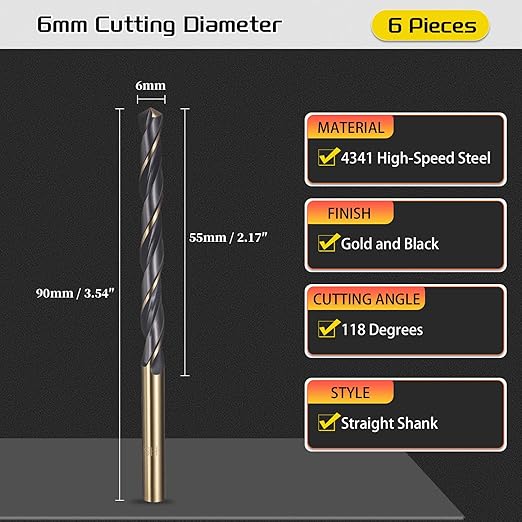Drill Bit, 6mm Cutting Diameter, 4341 HSS Gold and Black 118° Cutting Angle Number Jobber Bits - (Applications: for Drilling Soft Metal Plastic Wood), 6-Pieces