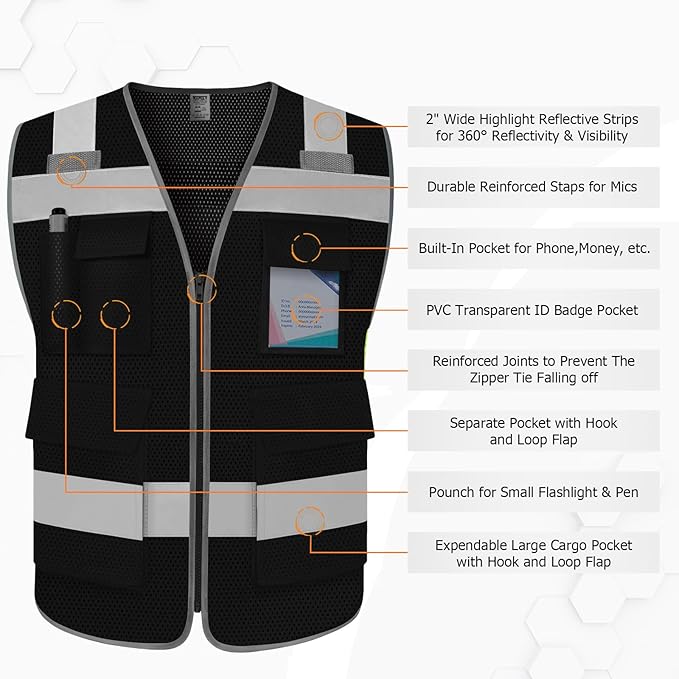 TCCFCCT Mesh Hi Vis Vest 5 Pockets High Visibility Reflective Safety Vest for Men Women, Neon Construction Vest with Horizontal Strip for Walkie-talkie and ID Card, Meets ANSI/ISEA Standards, Black, 3XL