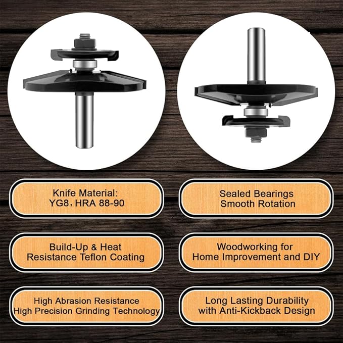 LEATBUY 1/2 Inch Shank Router Bit Set 3 PCS Round Over Raised Panel Cabinet Door Rail and Stile Router Bits, Woodworking Wood Cutter, Wood Groove Tongue Milling Tool(1/2-double)