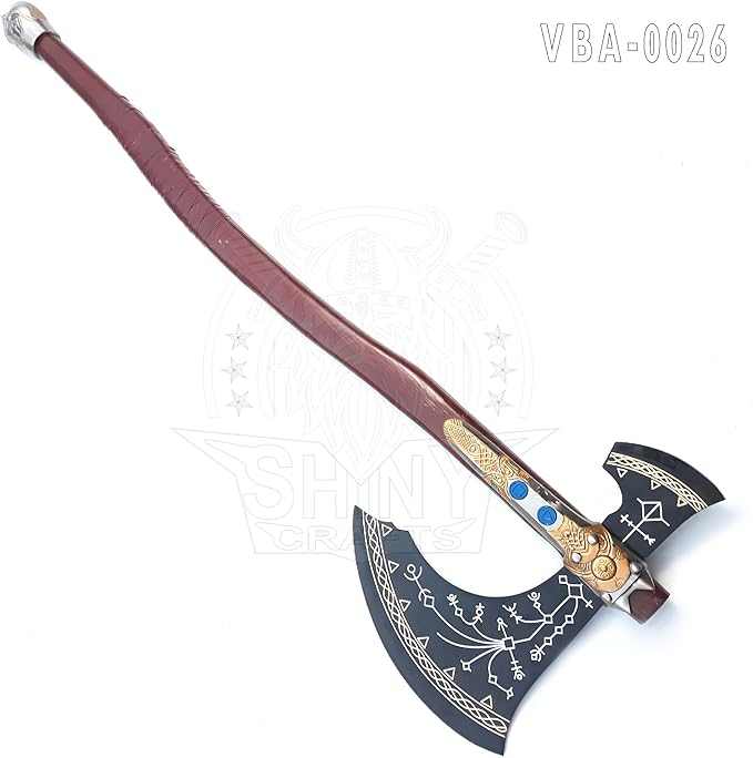 SHINY CRAFTS ® Hand-Forged Bearded Viking Axe – Inspired by Kratos Viking Axe Design Steel Hatchet with Leather Sheath & Wood Handle (VBA-26)