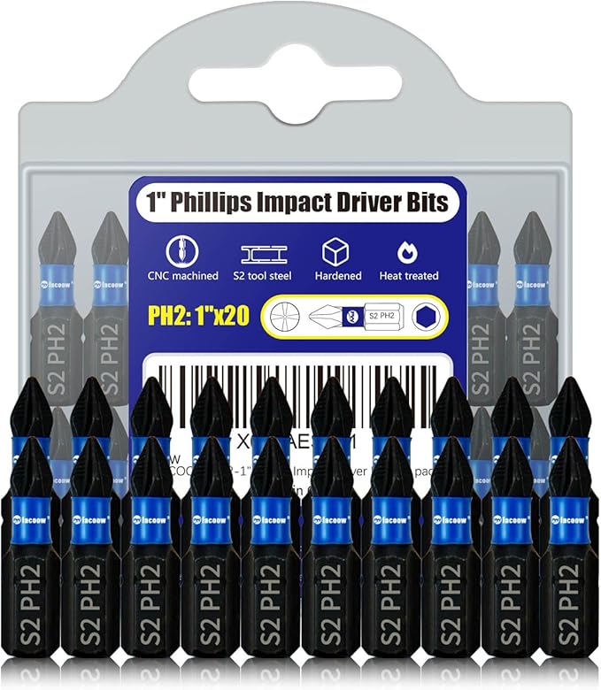 20 Pack Phillips Impact Driver Bits, #2 Phillips Head Magnetic Screwdriver Bits Set, 1 Inch S2 Alloy Steel Impact Bit, 1/4" Hex Shank Screwdriver Drill Bits, CNC Machined Ph2 Impact Drill Bits