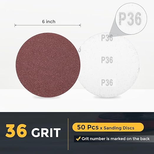 HARFINGTON 50 Pcs 6 Inch Sanding Disc 36 Grit Hook and Loop Sandpaper Random Orbital Sander Pads for Woodworking Automotive Metal Polishing