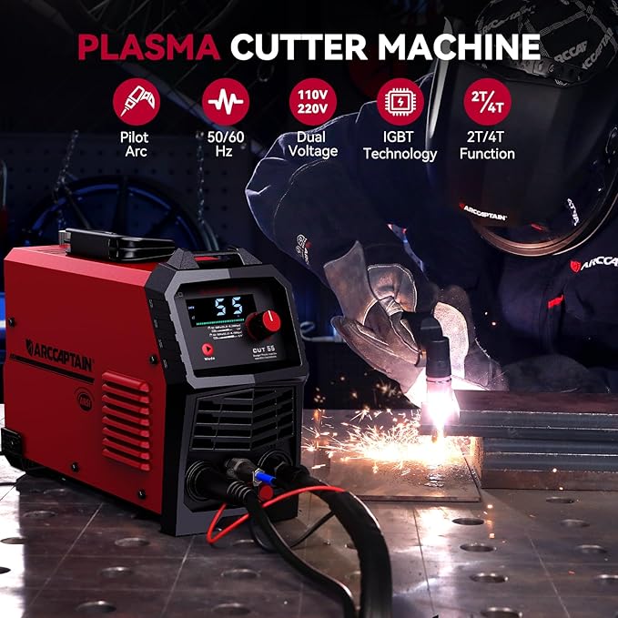ARCCAPTAIN 55A Plasma Cutter, Large LED Display, Non-Touch Pilot ARC Plasma Cutting Machine, 120/240V Dual Voltage IGBT Inverter, 1/2" Clean Cut, Post Flow, 2T/4T, for Beginners DIY