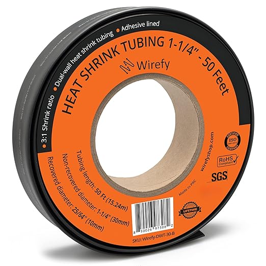 Wirefy 1-1/4" Heat Shrink Tubing - Large Diameter - 3:1 Ratio - Adhesive Lined - Industrial Heat-Shrink Tubing - Black - 50 Feet Roll