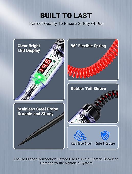 JASTIND 5-120V Digital Automotive Test Light with LED Voltage Display, Automotive Circuit Tester with Voltmeter & Stainless Probe, Voltage Light Tester with Alligator Clip for Car Fuse Circuit Testing