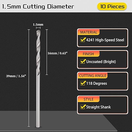 Drill Bit, 1.5mm Cutting Diameter, 4241 HSS 118° Cutting Angle Uncoated Bright Versatile Jobber Bits - (Applications: for Drilling Plastic Wood Soft Metal), 10-Pieces