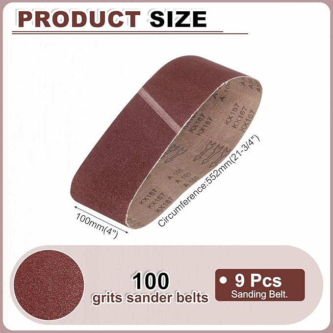 HARFINGTON 4 x 21 3/4 Inch Sanding Belts, 9 Pcs 100 Grit Aluminum Oxide Abrasive Belt Sander File Belt for Woodworking, Metal Polishing, Knife Sharpener