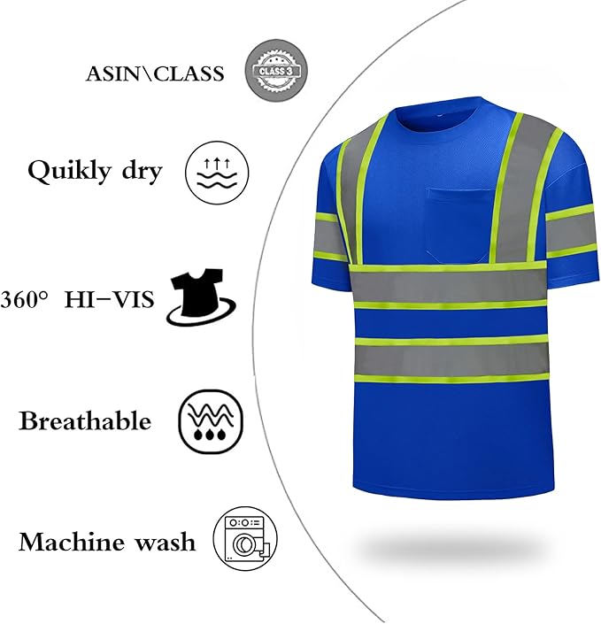High Visibility Shirts Quick Dry Safety T Shirts with Reflective Strips and Pocket Short Sleeve Mesh Hi Vis Construction Work Class 2 Shirt for Men/Women Blue,6XL
