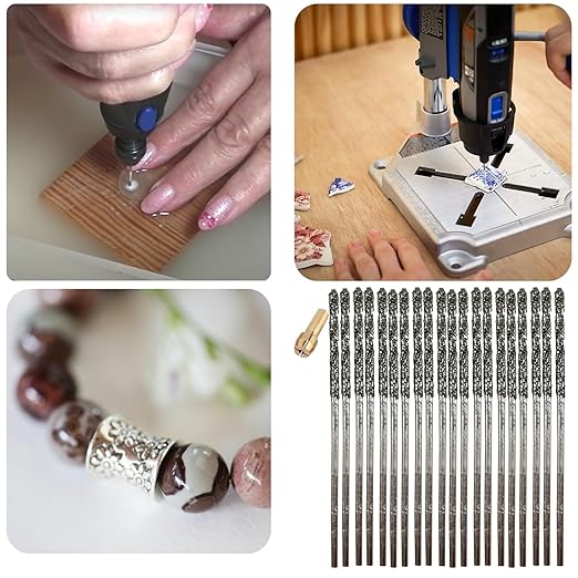 Diamond Drill Bits 1.5mm 20 Pieces Compatible with Dremel Collet Included Twist Tip Jewelry Beach Sea Glass Shells Gemstones Lapidary Ornament Bracelet Necklace Arts Crafts