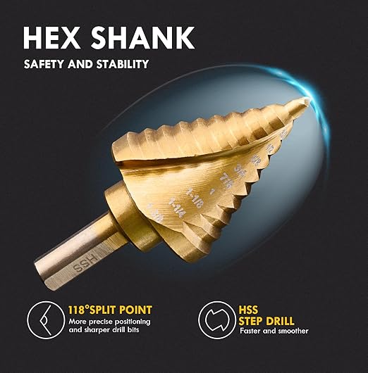 Step Drill Bit Set, 3/16" to 1-3/8", 3/8“ Hex Shank High Speed Steel Step Drill Bit for Stainless Steel, Metal, Aluminum, Copper, Wood, PVC