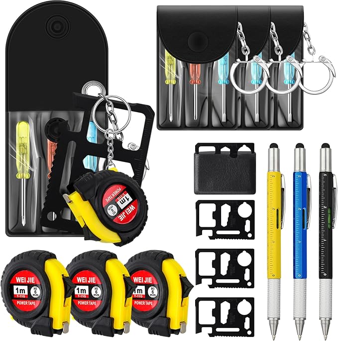 12 Pcs Mini Tape Screwdriver Keychain Set Christmas Men Gifts Bulk Adult Party Favors Multitool Pen Card Tool Measuring Keychains Stocking Christmas Stuffers for Men Dad (Multicolor)