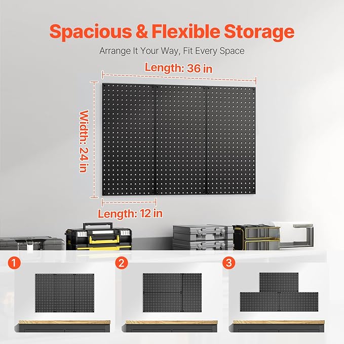 VEVOR Metal Pegboard Panels, 24" x 12" Pegboard, 3 Panels, Heavy Duty Steel Peg Board Wall Organizer, for Living Room Garage Tool Storage Workbench Office Organization Craft Room Kitchen Home, Black