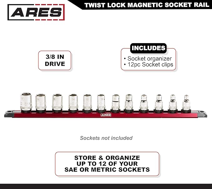 ARES 60169 – 3/8-Inch Drive 15.5-Inch Red Twist Lock Magnetic Socket Rail - Store up to 12 Metric or SAE Sockets and Keep Your Tool Box Organized – Magnetic Base for Easy Socket Organization