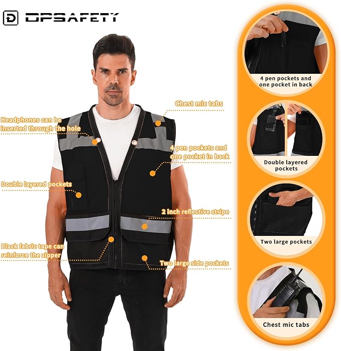 Reflective Safety vest With back plan pocket,High visibility Class 2 Heavy Duty Surveyor Vest with Zipper,Hi Vis Vest ANSI/ISEA Standard, Construction Work Vest for Men＆Women(Black,XL)