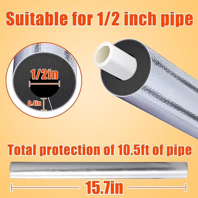 10.5ft Pipe Insulation Foam Tube for 1/2in Pipes - Pre Slit Duct Wrap with Aluminum Foil, for Outdoor Winter Cold Hot Water Pipe Winterizing Heat Preservation, Reduce Heat Loss Antifreeze 15.7"*8pcs