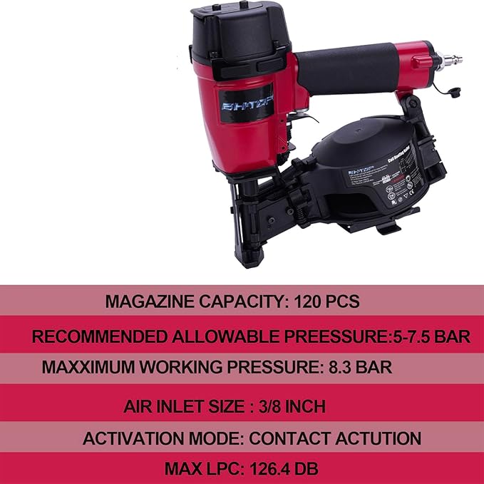 BHTOP CN45N Roofing Nailer, 15 Degree Roofing Nail Gun, 3/4-Inch to 1-3/4-Inch Coil Nails, 120-pcs Load Capacity Coil Nailer in Red