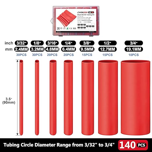 Chanzon 140 Pcs Heat Shrink Tubing Kit, 3:1 Red Sleeving Heat Shrink Wrap Tubing with Length 3.5" (inch), Marine Grade Electrical Waterproof Polyolefin Heat-Shrink Tube